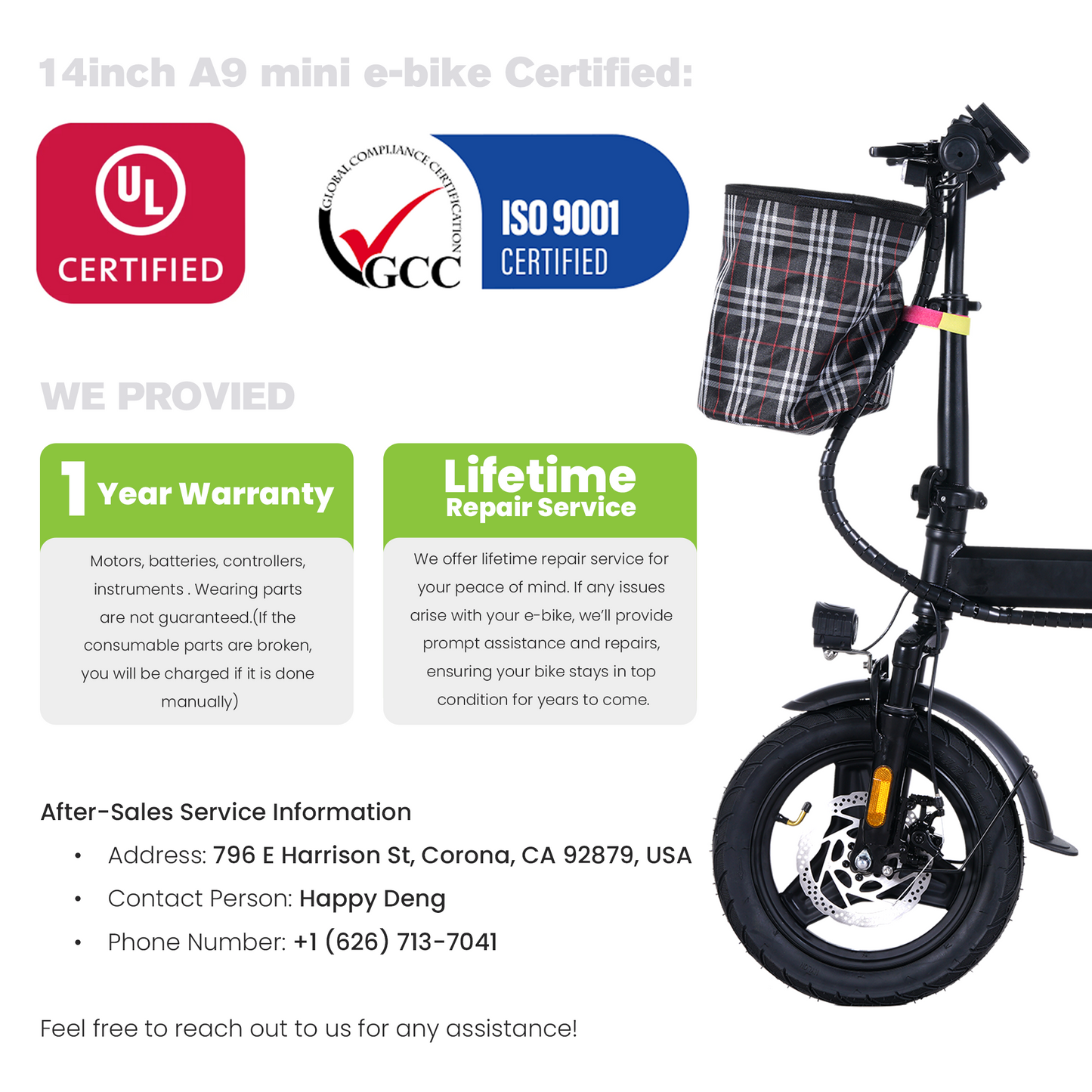 YH A9 Electric Bike, 500W Motor, 48V/15Ah Battery, 20 mile/h Speed, 14 inch Vacuum Tire, 8pcs of Suspention